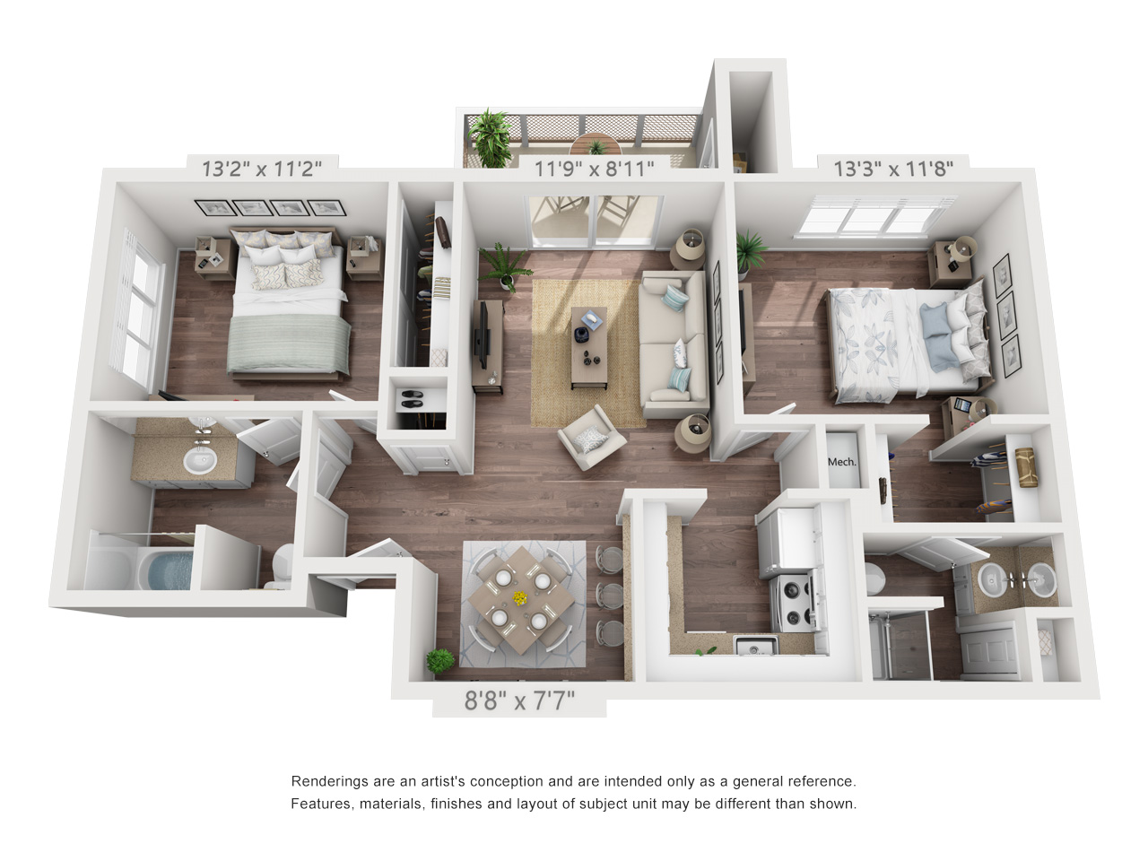 Floor plan for 2 beds, 2 baths, 911 sqft
